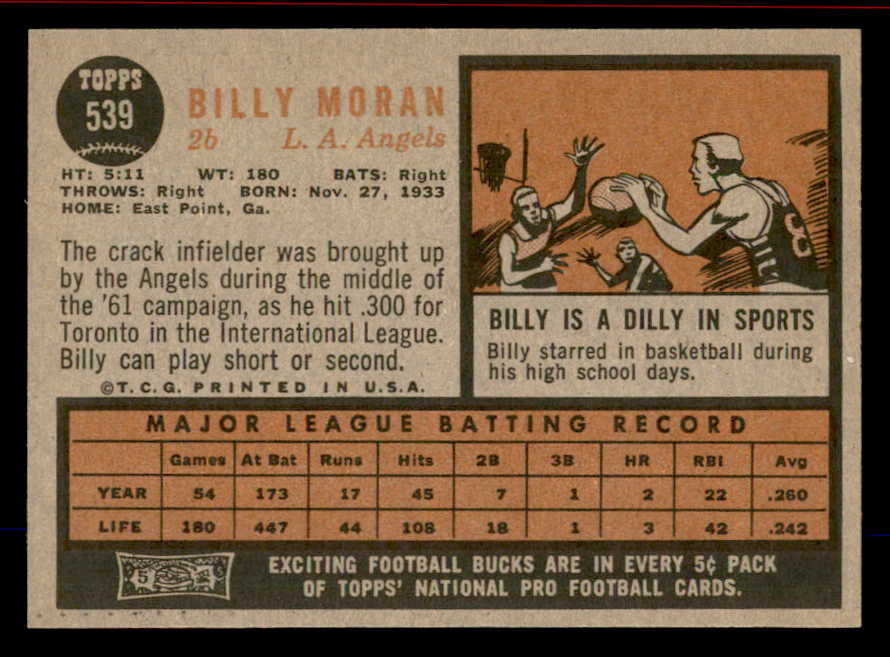 1962 Topps Baseball #539 Billy Moran Angels EX-MT 542821