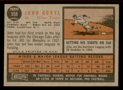 1962 Topps Baseball #558 John Goryl Twins EX-MT 542825