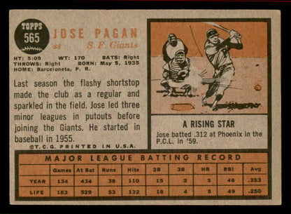 1962 Topps Baseball #565 Jose Pagan Giants EX-MT 542827