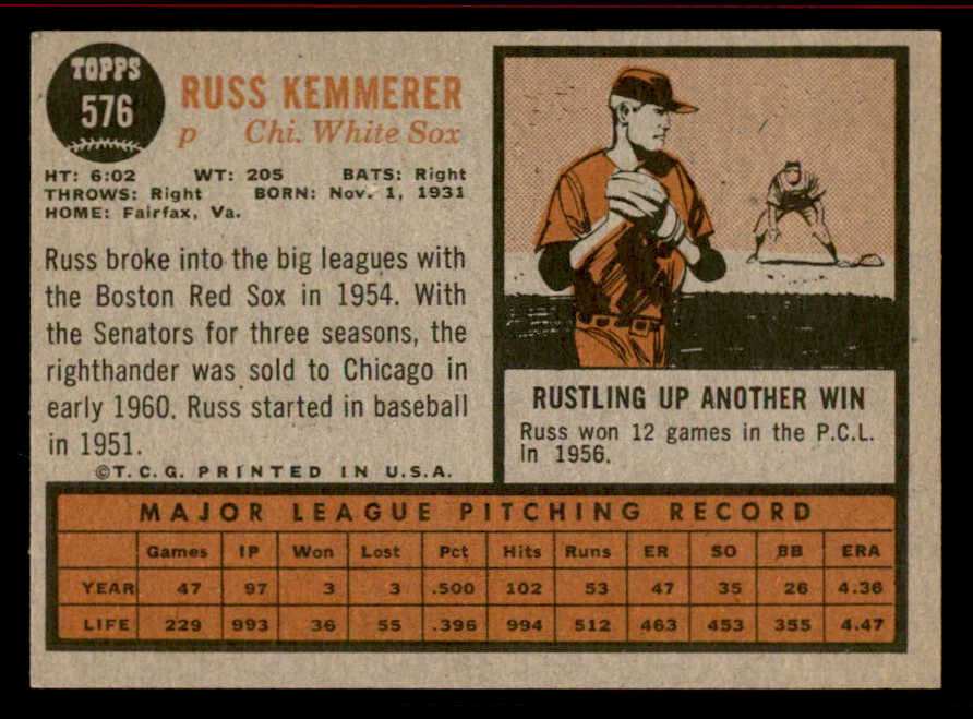 1962 Topps Baseball #576 Russ Kemmerer White Sox EX-MT 542828