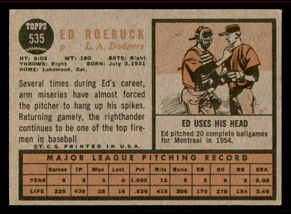 1962 Topps Baseball #535 Ed Roebuck Dodgers VG-EX 542849