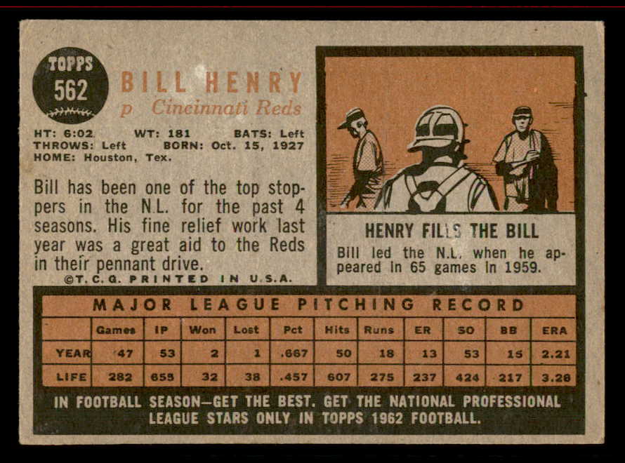 1962 Topps Baseball #562 Bill Henry Reds VG-EX 542857