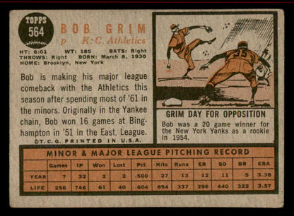 1962 Topps Baseball #564 Bob Grim A's VG-EX 542858