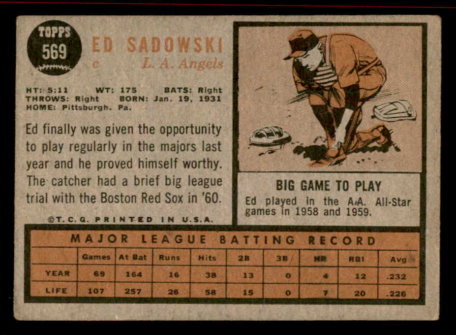 1962 Topps Baseball #569 Ed Sadowski Angels VG-EX 542861