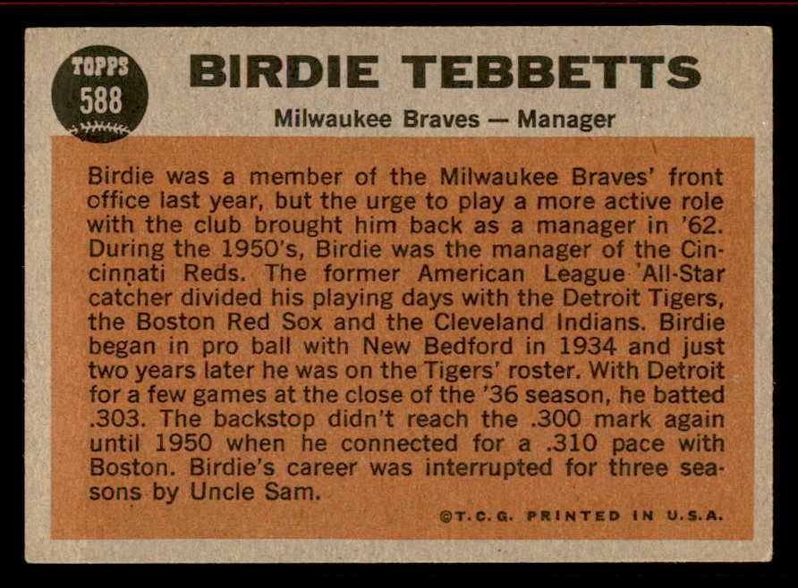 1962 Topps Baseball #588 Birdie Tebbetts Braves VG-EX 542870