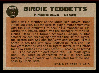1962 Topps Baseball #588 Birdie Tebbetts Braves VG-EX 542870