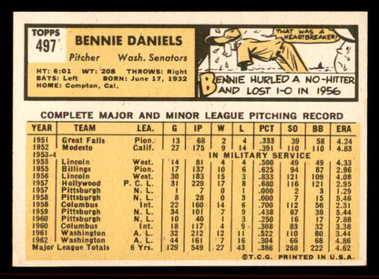 1963 Topps Baseball #497 Bennie Daniels Senators VG-EX/EX 542935