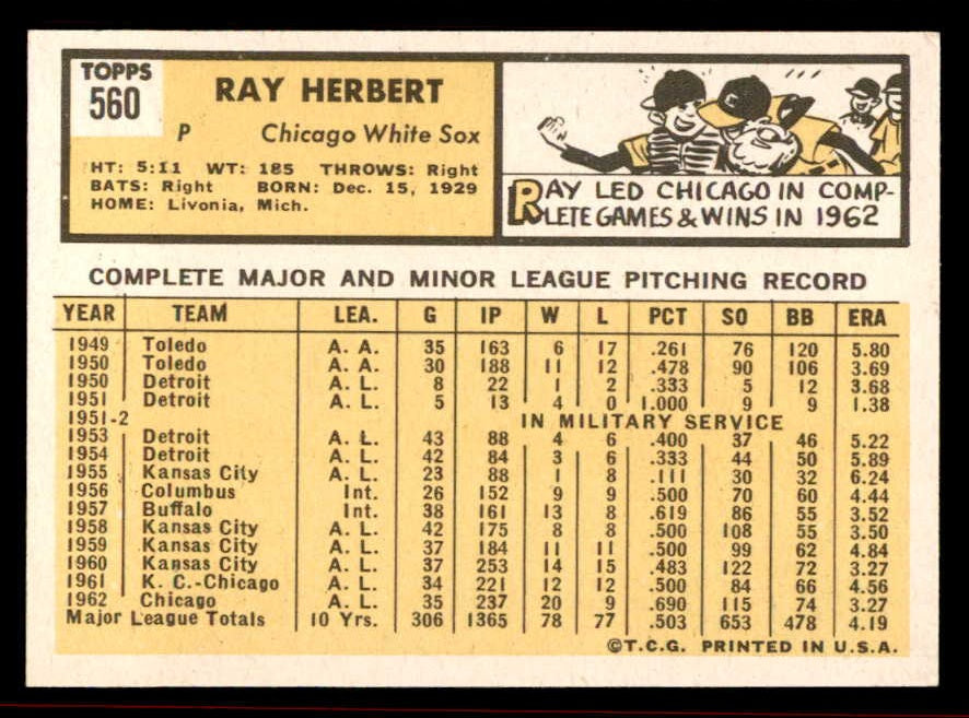 1963 Topps Baseball #560 Ray Herbert White Sox VG-EX/EX 542940