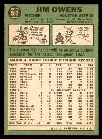 1967 Topps Baseball #582 Jim Owens Astros NR-MT 542985