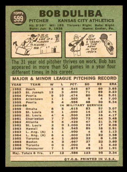 1967 Topps Baseball #599 Bob Duliba A's NR-MT 543004