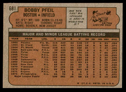 1972 Topps Baseball #681 Bobby Pfeil Red Sox NR-MT 543095