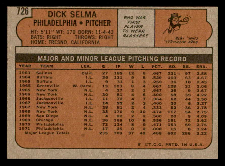 1972 Topps Baseball #726 Dick Selma Phillies NR-MT 543105