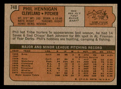 1972 Topps Baseball #748 Phil Hennigan Indians NR-MT 543122