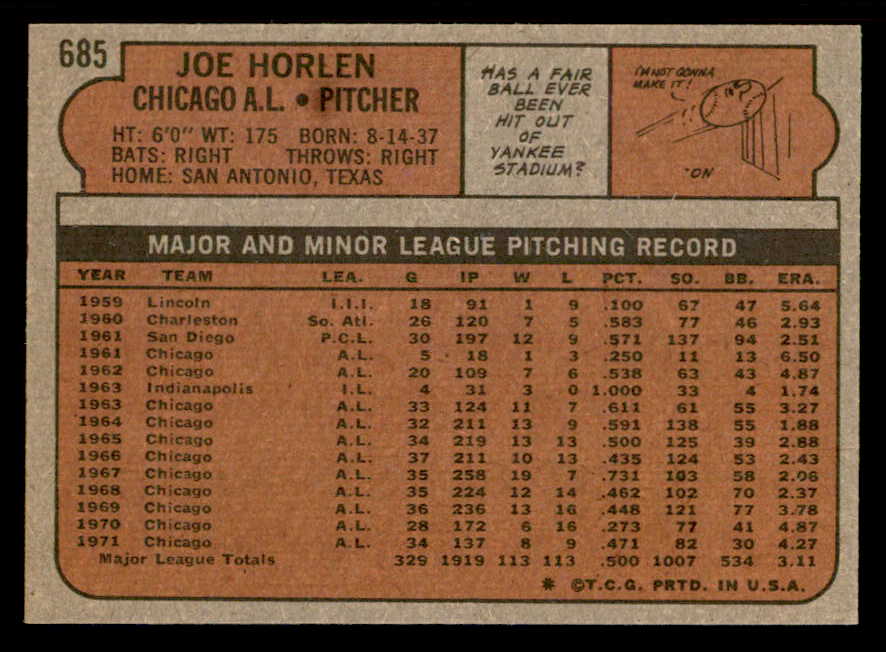 1972 Topps Baseball #685 Joe Horlen White Sox EX-MT 543139