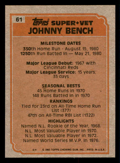 1983 Topps #061 Johnny Bench SV Reds EX-MT 543240