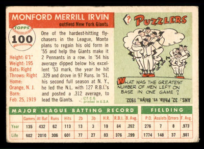 1955 Topps Baseball #100 Monte Irvin Giants VG 543248