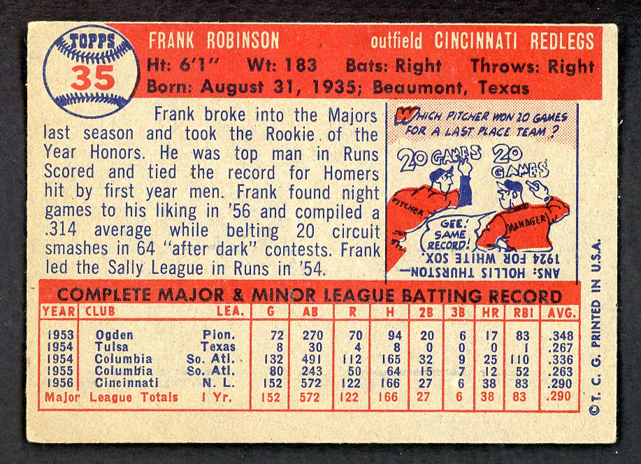 1957 Topps Baseball #035 Frank Robinson Reds VG-EX 543293