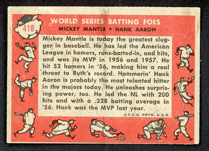 1958 Topps Baseball #418 Mickey Mantle Hank Aaron VG-EX 543296