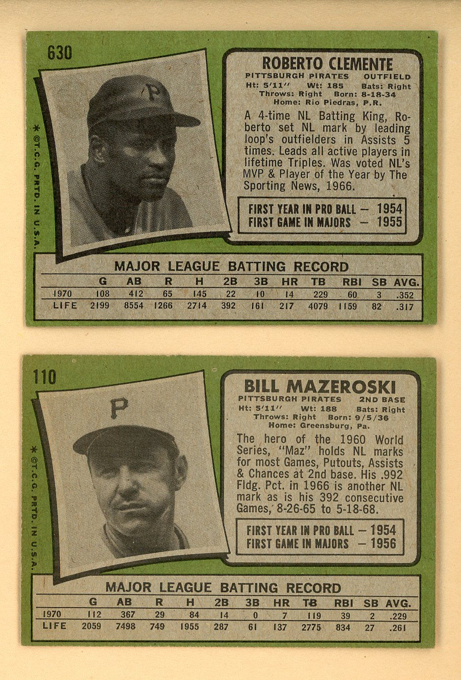1971 Topps Lot #630 Roberto Clemente #110 Bill Mazeroski Nice 543309