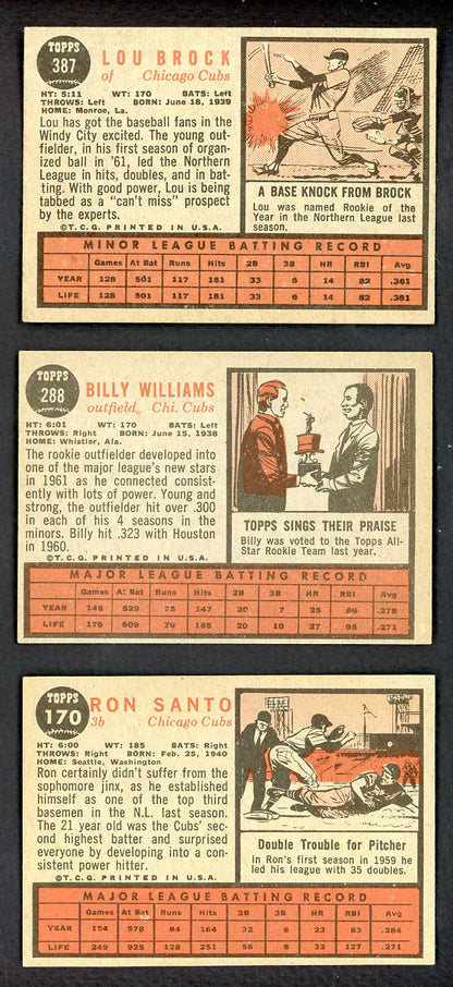 1962 Topps Lot #387 Lou Brock #288 Billy Williams #170 Ron Santo 543314