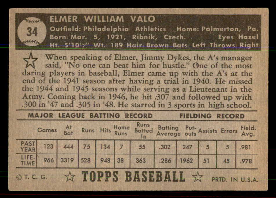 1952 Topps Baseball #034 Elmer Valo A's EX-MT Black 544125