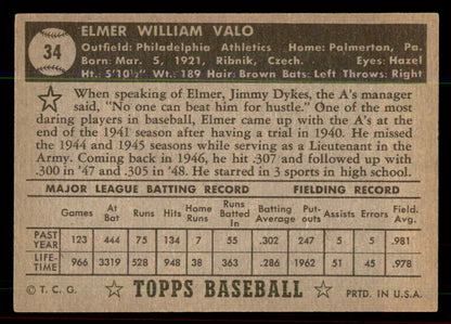 1952 Topps Baseball #034 Elmer Valo A's EX-MT Black 544125