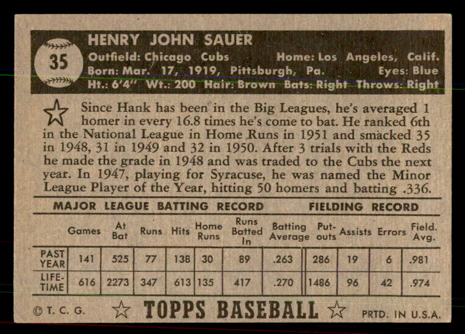 1952 Topps Baseball #035 Hank Sauer Cubs VG-EX Black 544126