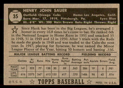 1952 Topps Baseball #035 Hank Sauer Cubs VG-EX Black 544126
