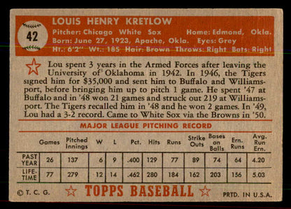 1952 Topps Baseball #042 Lou Kretlow White Sox VG-EX Red 544131