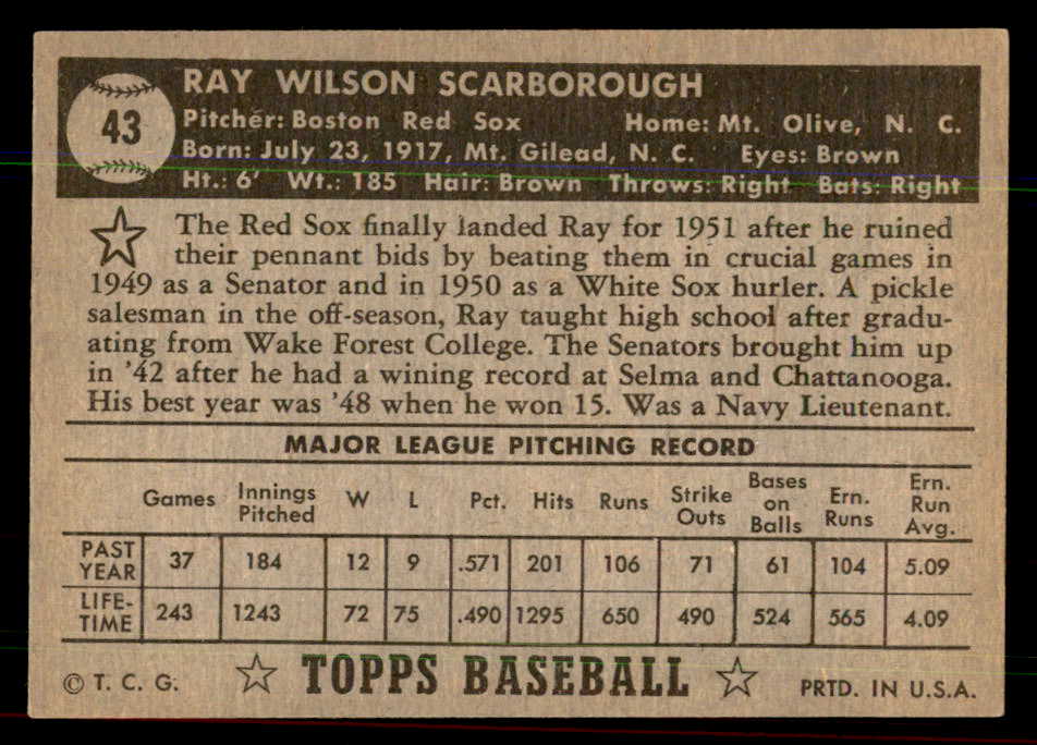 1952 Topps Baseball #043 Ray Scarborough Red Sox EX-MT Black 544132