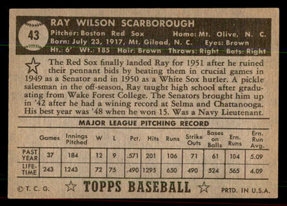 1952 Topps Baseball #043 Ray Scarborough Red Sox EX-MT Black 544132