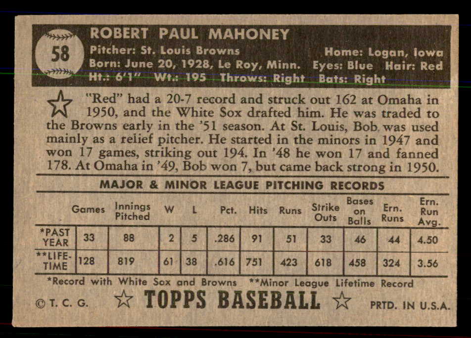 1952 Topps Baseball #058 Bob Mahoney Browns EX-MT Black 544141