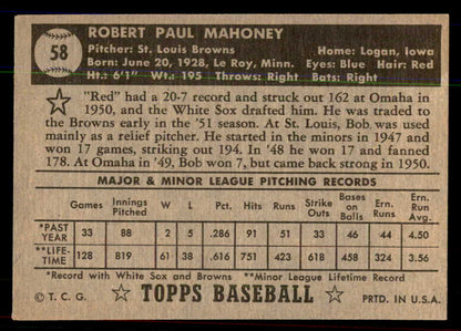 1952 Topps Baseball #058 Bob Mahoney Browns EX-MT Black 544141