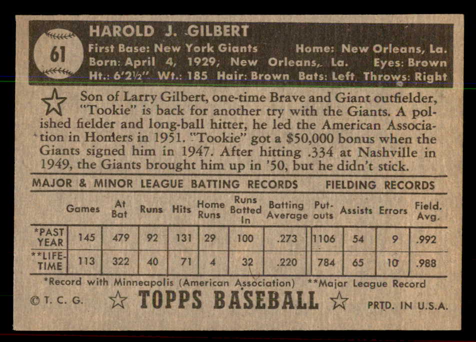 1952 Topps Baseball #061 Tookie Gilbert Giants EX-MT Black 544143
