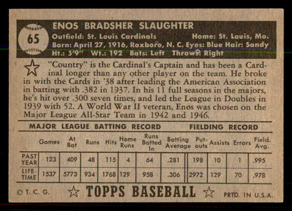 1952 Topps Baseball #065 Enos Slaughter Cardinals EX-MT Black 544146