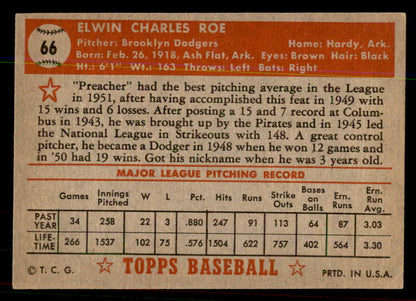 1952 Topps Baseball #066 Preacher Roe Dodgers EX-MT Red 544147