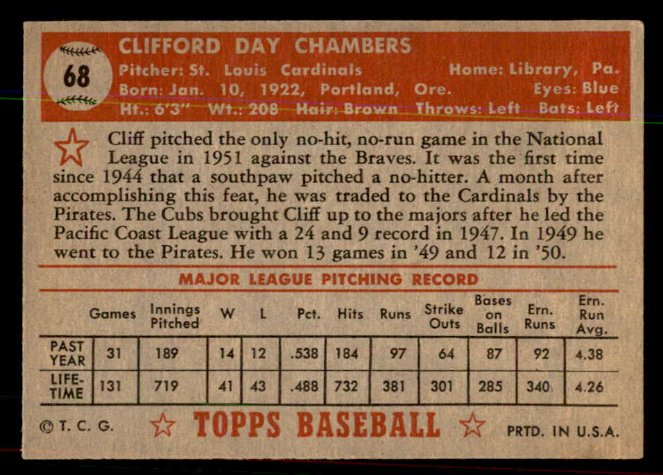 1952 Topps Baseball #068 Cliff Chambers Cardinals EX-MT Red 544149