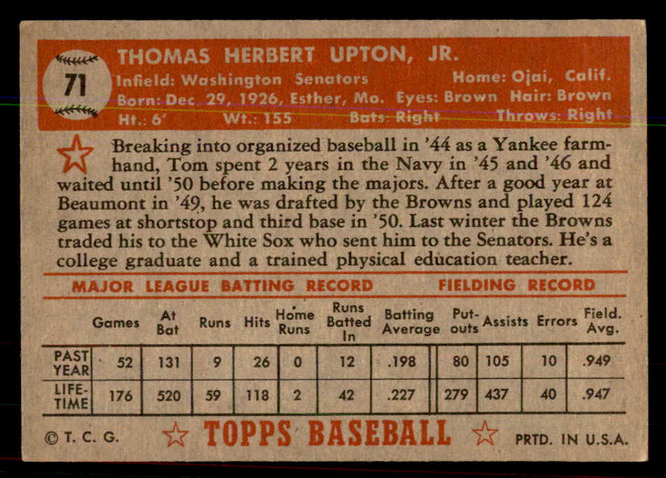 1952 Topps Baseball #071 Tom Upton Senators EX-MT Red 544151