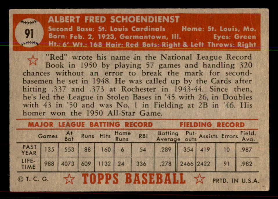 1952 Topps Baseball #091 Red Schoendienst Cardinals EX-MT 544166