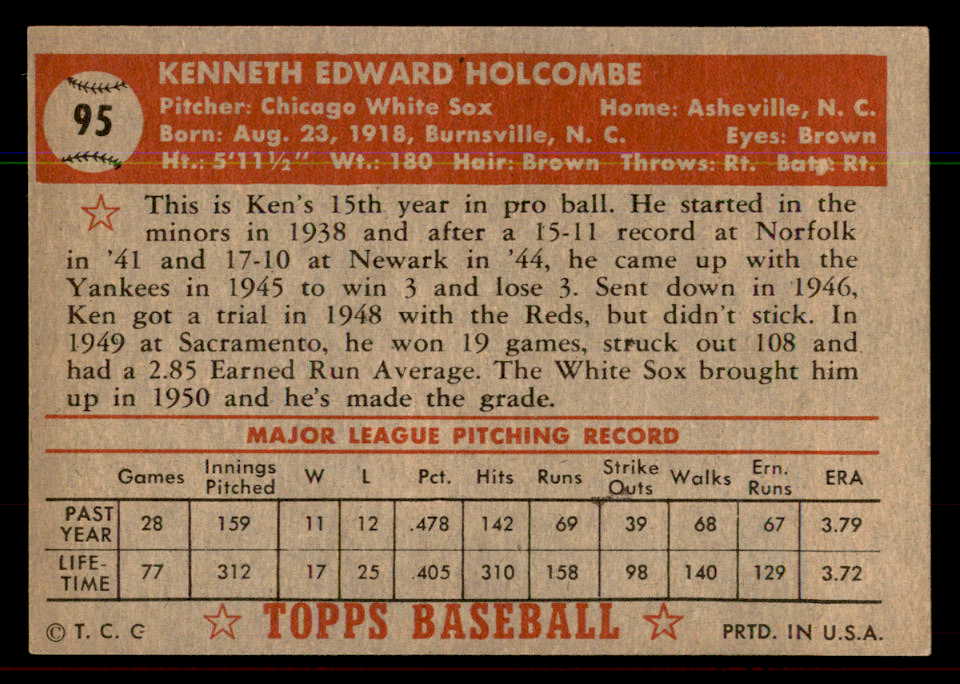 1952 Topps Baseball #095 Ken Holcombe White Sox EX-MT 544170