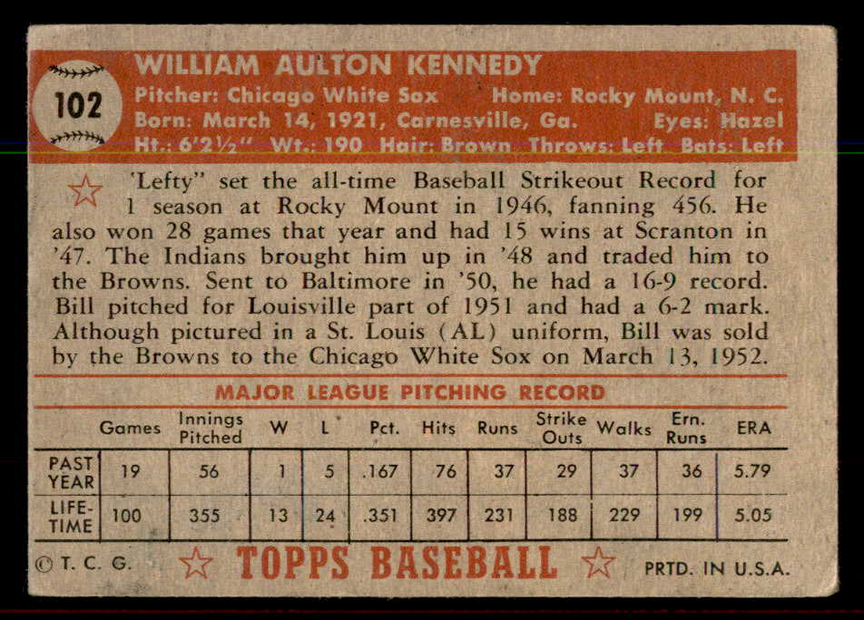 1952 Topps Baseball #102 Bill Kennedy Browns VG-EX 544177