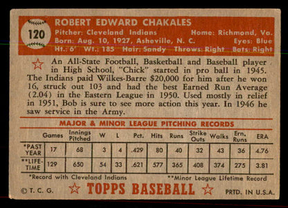 1952 Topps Baseball #120 Bob Chakales Indians VG-EX 544195