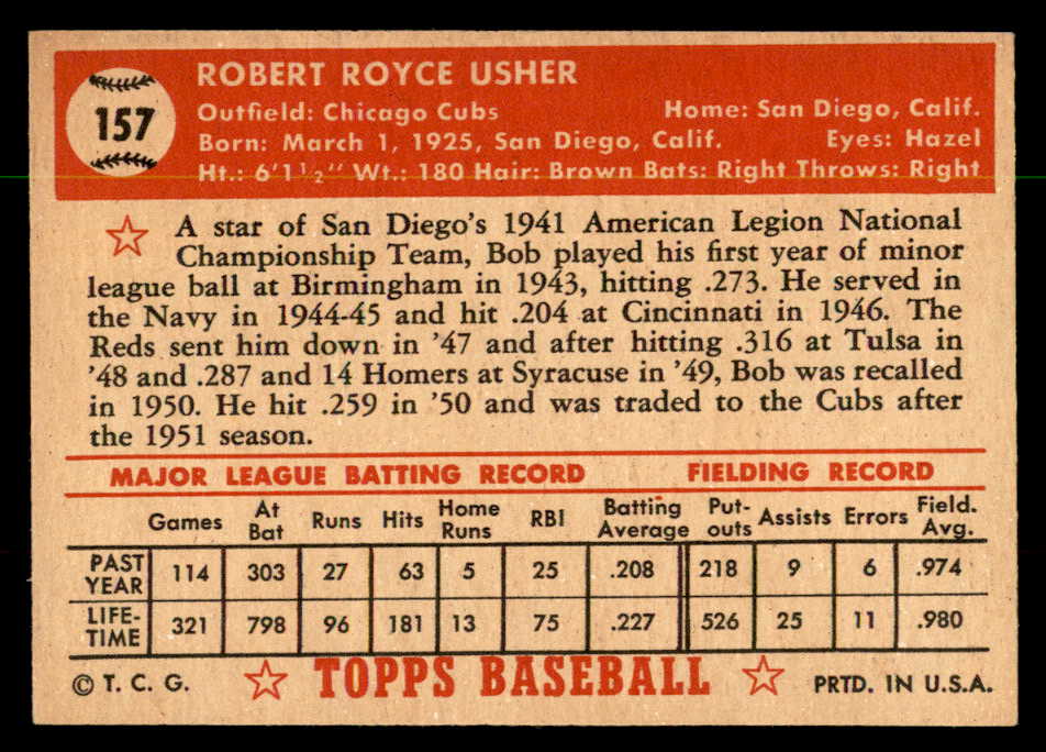 1952 Topps Baseball #157 Bob Usher Cubs EX-MT 544232