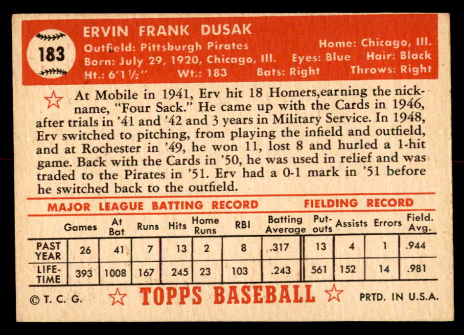 1952 Topps Baseball #183 Erv Dusak Pirates VG-EX 544257