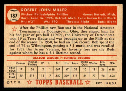 1952 Topps Baseball #187 Bob Miller Phillies EX-MT 544261