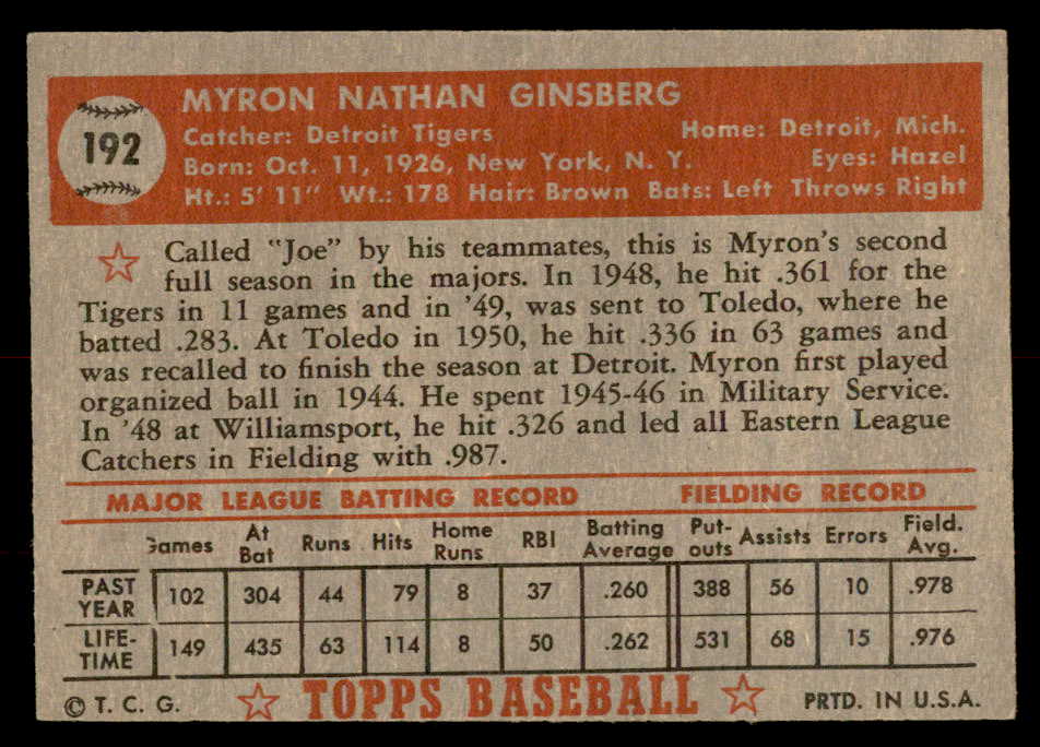 1952 Topps Baseball #192 Joe Ginsberg Tigers EX-MT 544265