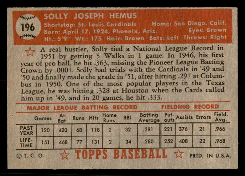 1952 Topps Baseball #196 Solly Hemus Cardinals EX-MT 544268