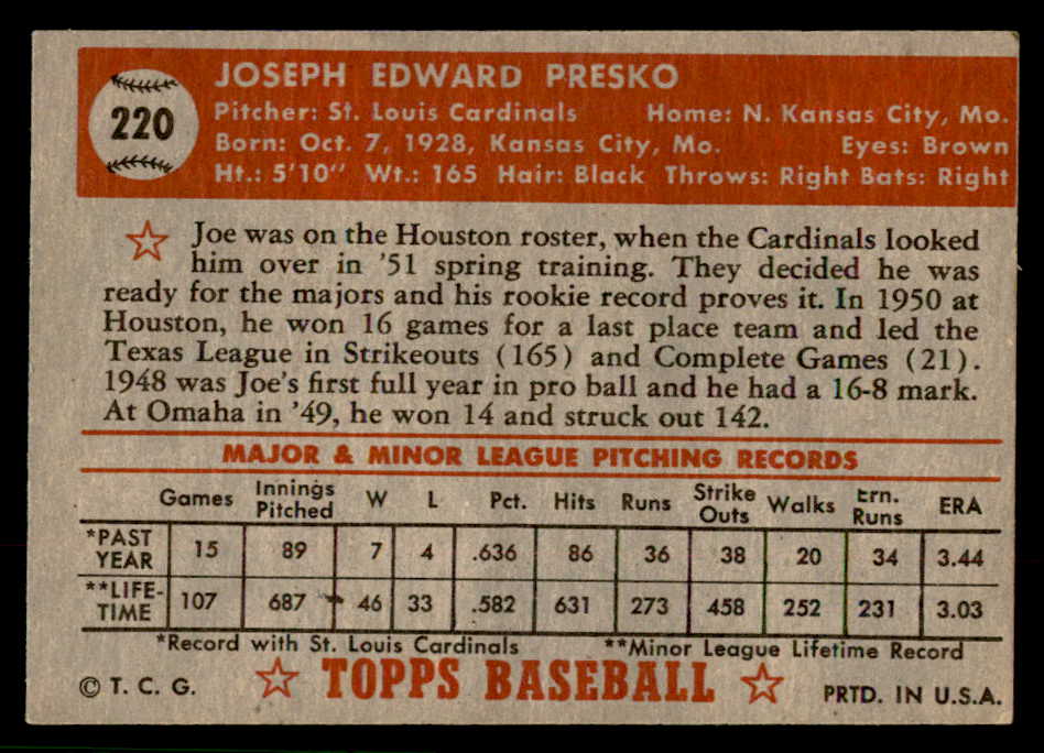 1952 Topps Baseball #220 Joe Presko Cardinals EX-MT 544291