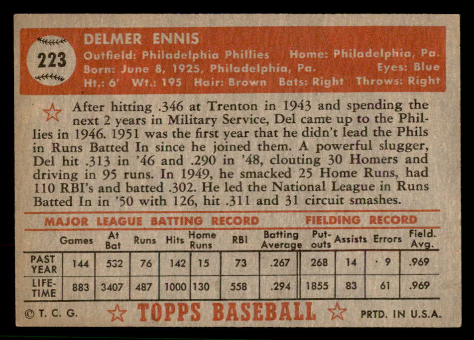 1952 Topps Baseball #223 Del Ennis Phillies EX-MT 544294