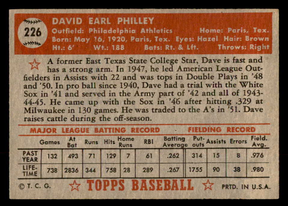 1952 Topps Baseball #226 Dave Philley A's EX-MT 544297